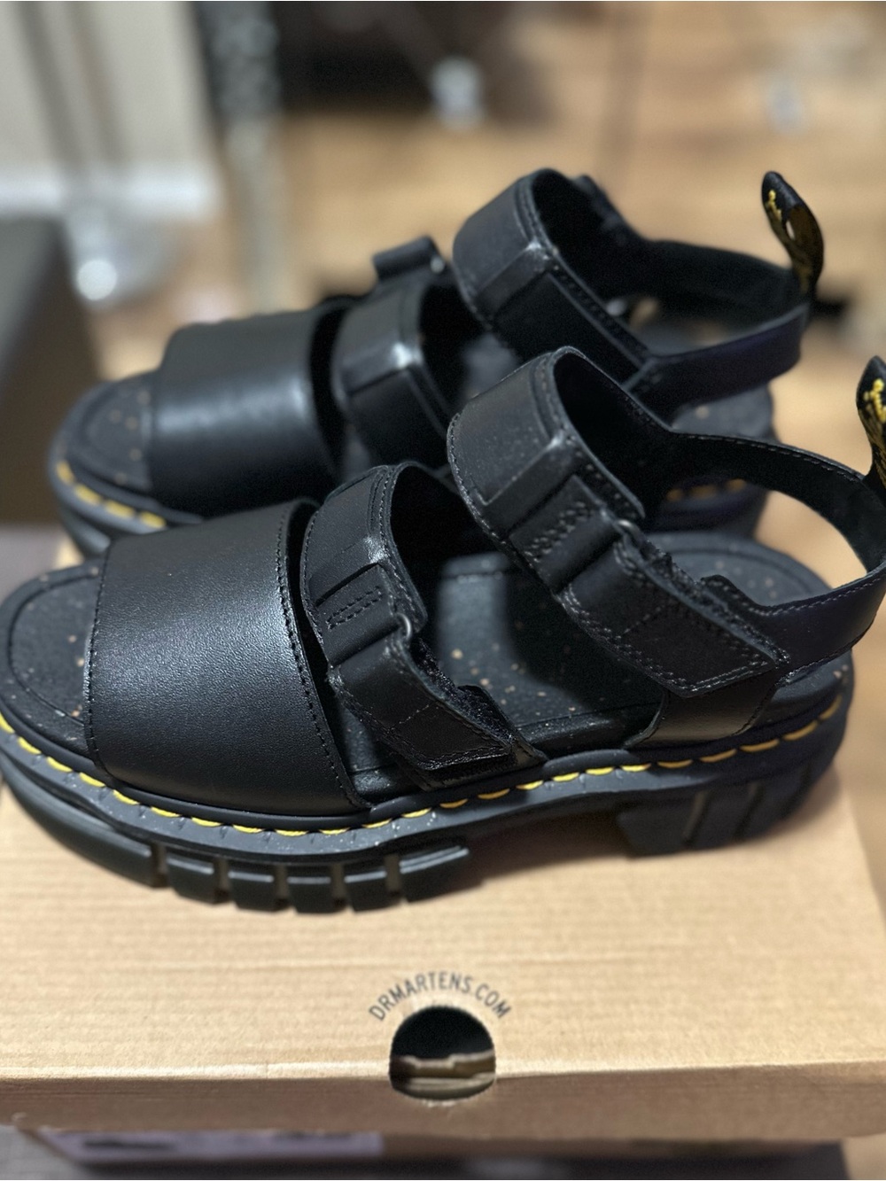 Dr. Martens Women’s Black Leather Triple-Strap Sandals with Yellow Stitching - Picture 2 of 7